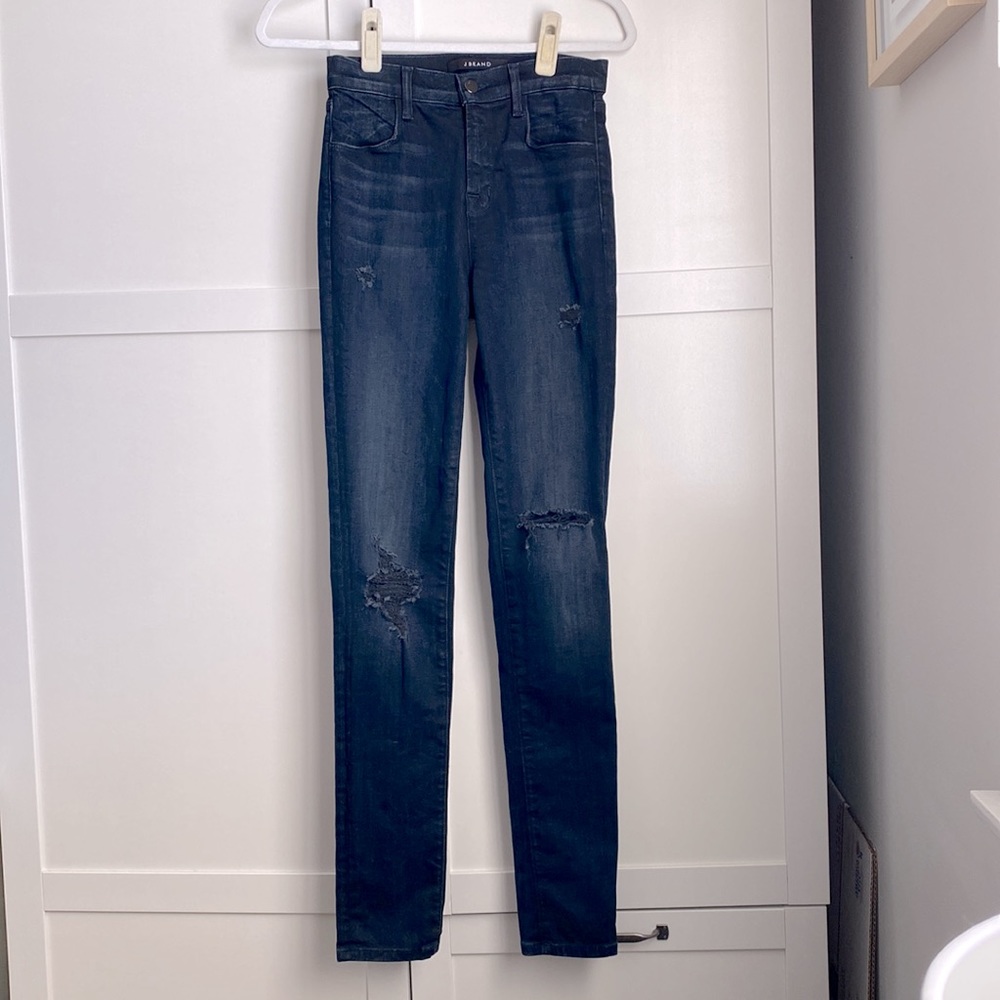 J Brand dark indigo distressed high rise skinny jeans